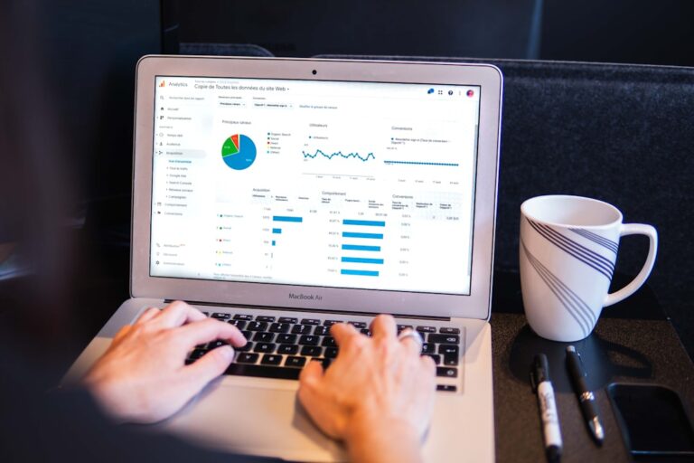 SEO strategy workflow on a laptop with search engine results
